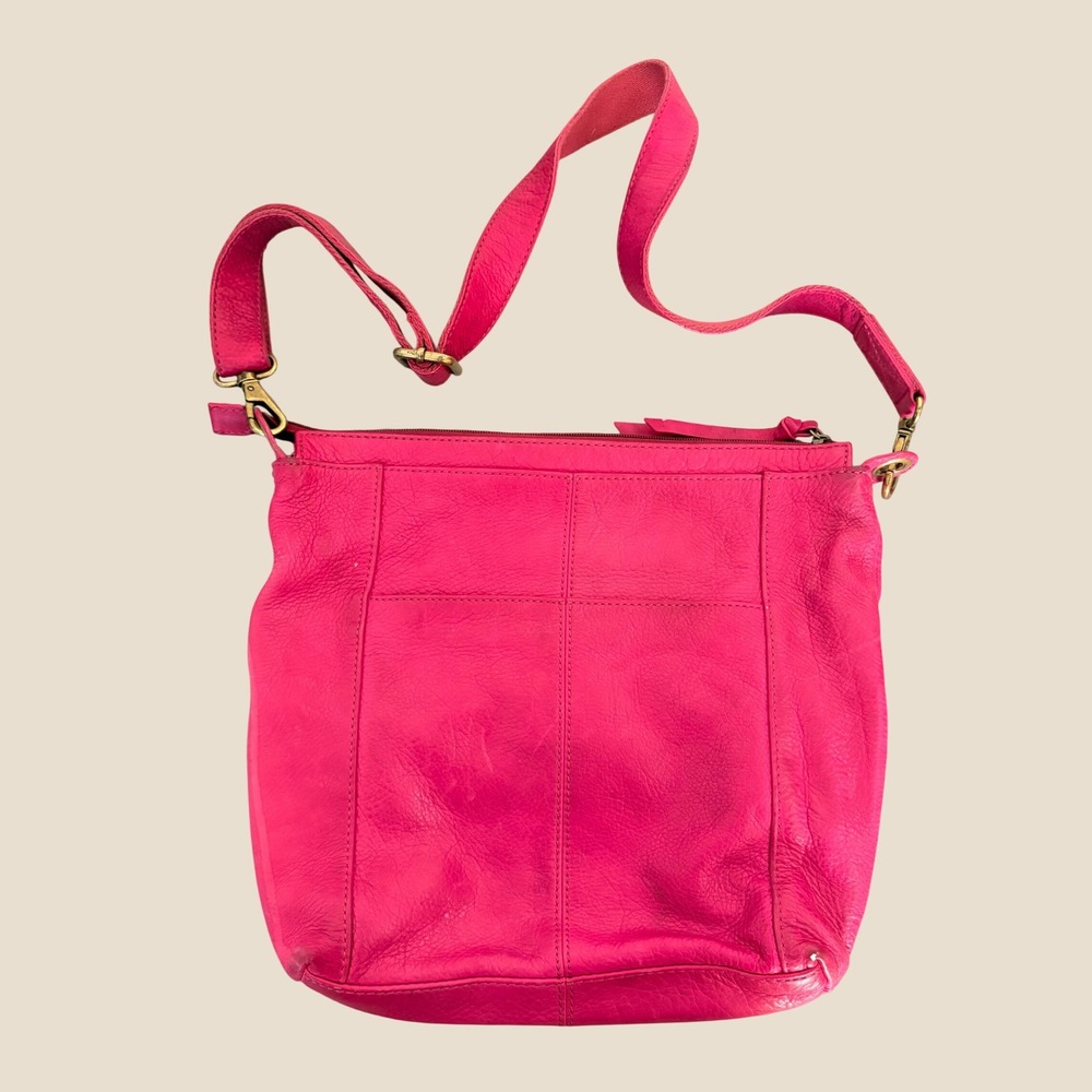 Y2K Fossil Vintage Hot Pink Leather Crossbody Bag Messenger Brass Hardware - Picture 2 of 6